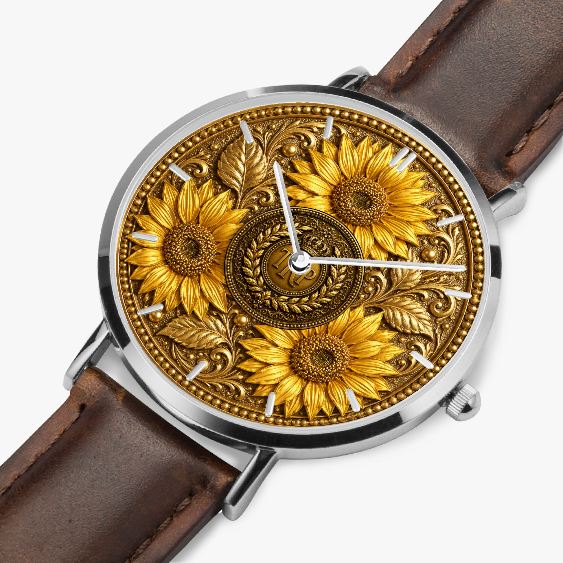 Close-up view of the TRP Sunflowers in Symmetry watch with an embossed gold sunflower dial and brown leather strap.