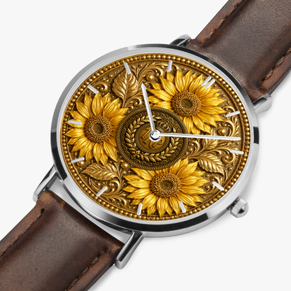 Close-up view of the TRP Sunflowers in Symmetry watch with an embossed gold sunflower dial and brown leather strap.