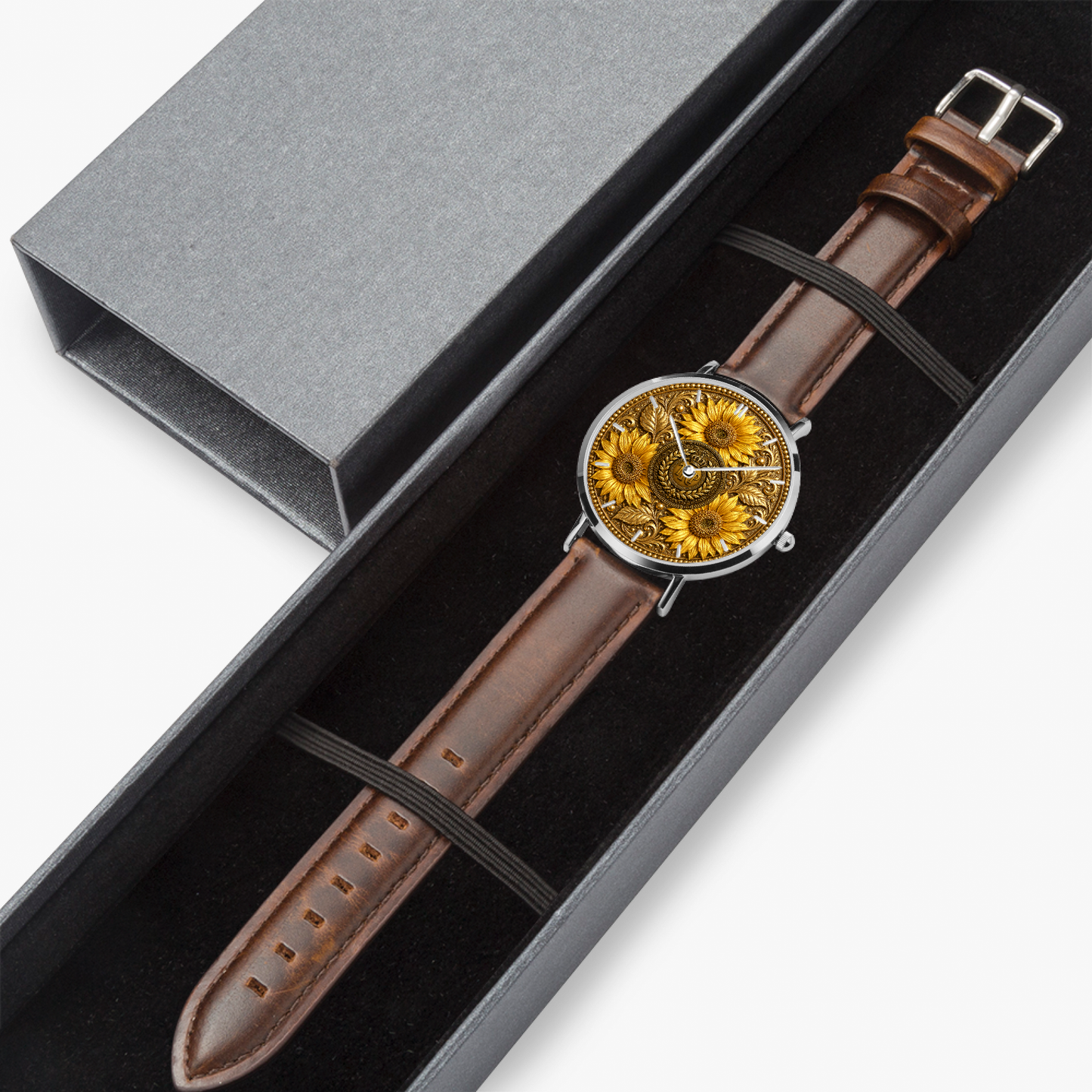 The TRP Sunflowers in Symmetry watch with a brown leather strap presented inside an elegant dark gray gift box.