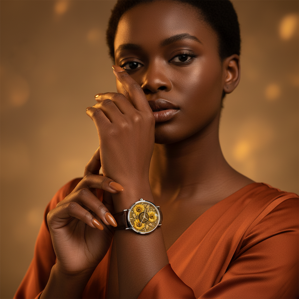 A woman modeling a TRP Sunflowers in Symmetry watch featuring a golden floral dial and a brown leather strap.