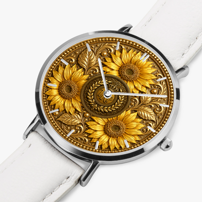 Angled close-up view of the TRP Sunflowers in Symmetry watch featuring a clean white leather band and intricate gold face.