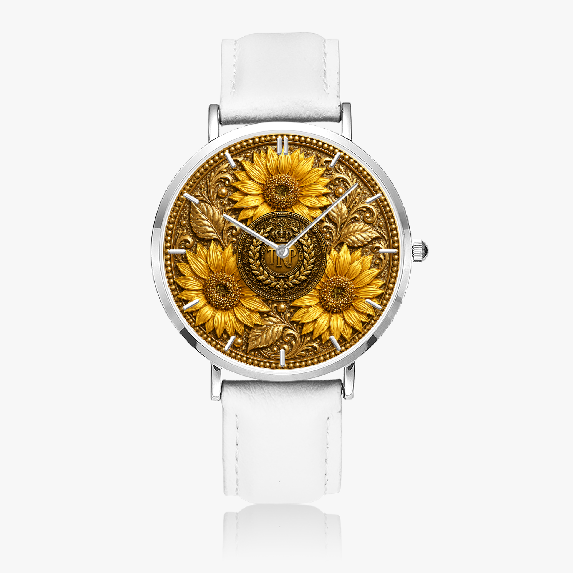 Front studio shot of the TRP Sunflowers in Symmetry watch with a brilliant white leather strap and gold floral dial.