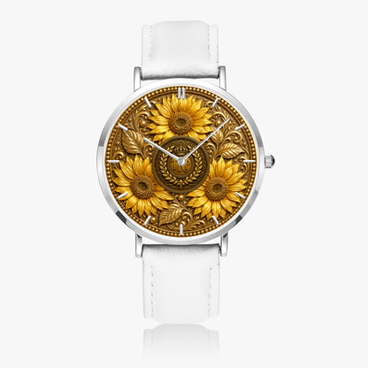 Front studio shot of the TRP Sunflowers in Symmetry watch with a brilliant white leather strap and gold floral dial.