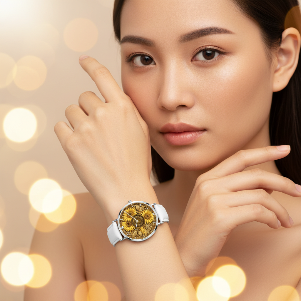 A woman modeling the TRP Sunflowers in Symmetry luxury watch featuring a vibrant white leather strap.