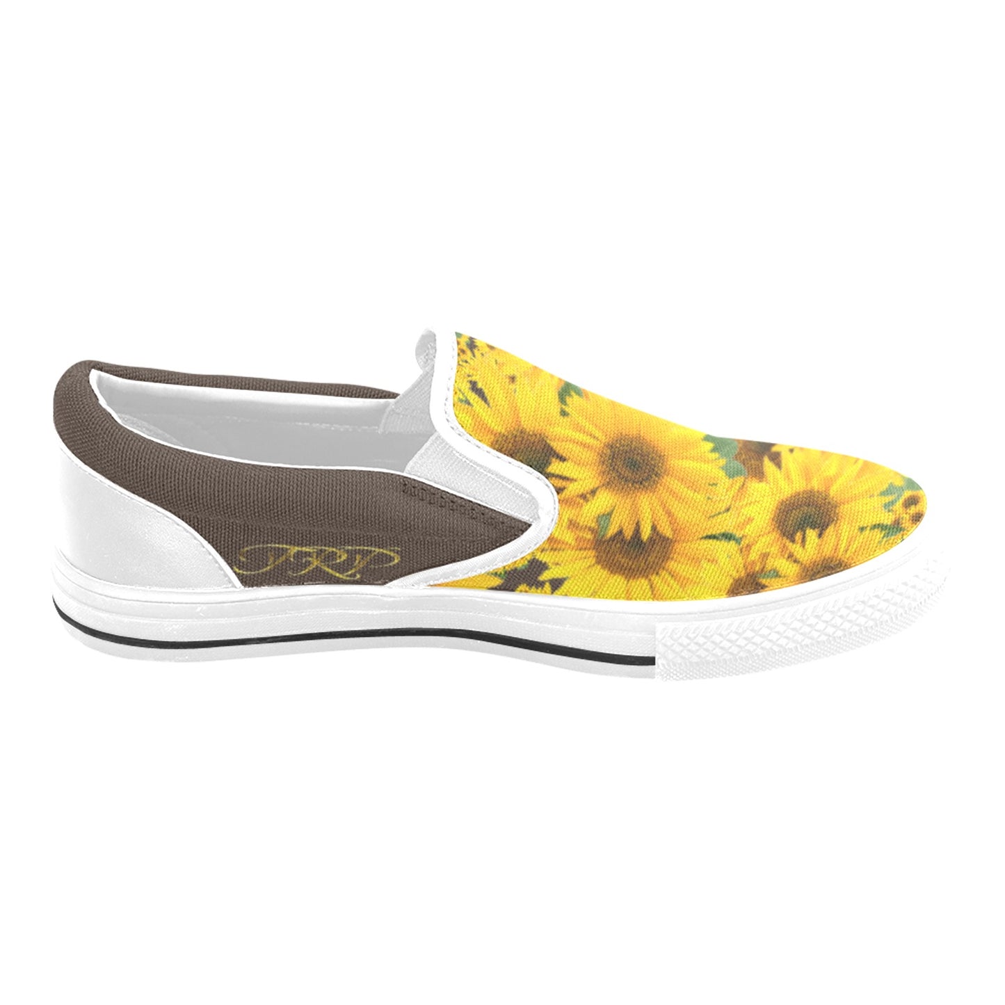 Lateral profile view of TRP Sunflowers in Symmetry women's slip-on canvas shoe featuring a bright yellow sunflower pattern and bistre trim.