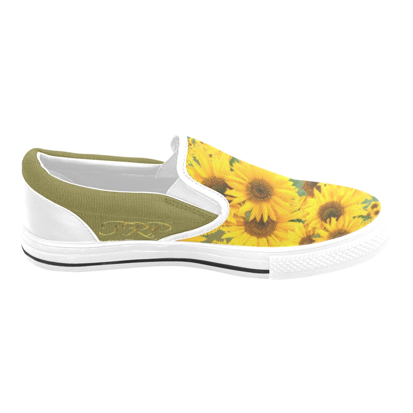 Lateral side profile view of TRP Sunflowers in Symmetry women's canvas slip-on shoe with old moss green (olive-green-colored) fabric accents.