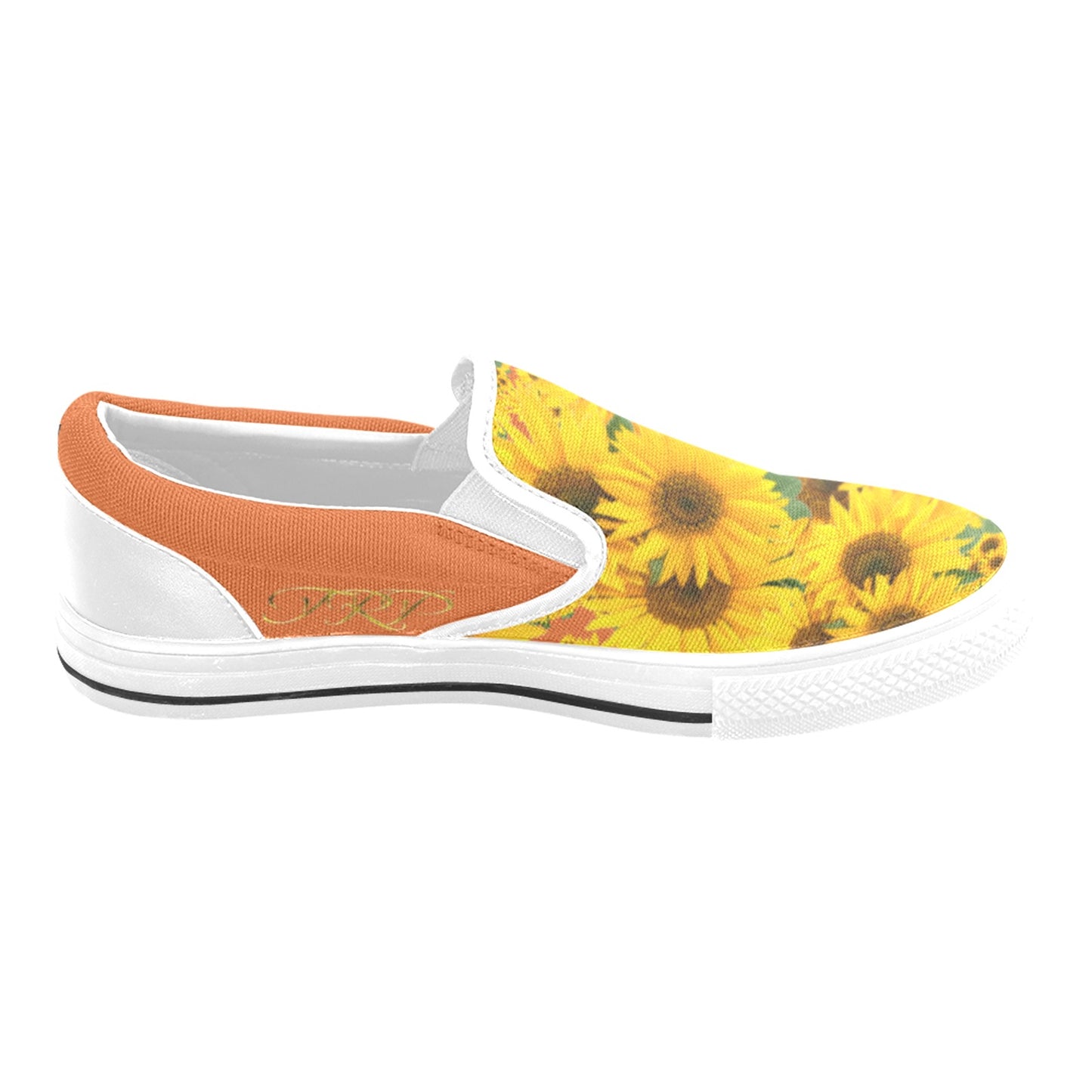 Medial profile view of TRP Sunflowers in Symmetry women's slip-on canvas shoe showing the vivid red tangelo (orange-colored) canvas trim and gold TRP logo.