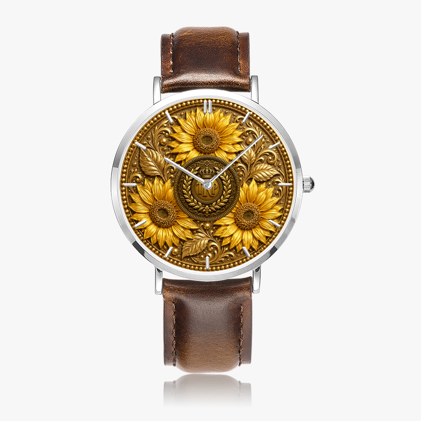 TRP Sunflowers in Symmetry women's silver ultra-thin quartz watch with a brown leather strap and a detailed golden floral face.