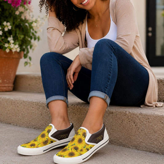 Close-up of a woman sitting on concrete steps wearing TRP Sunflowers in Symmetry women's slip-on canvas shoes with a vibrant yellow floral print.