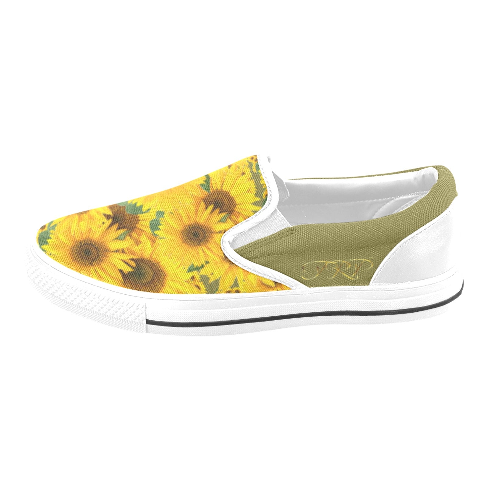 Medial profile view of TRP Sunflowers in Symmetry women's slip-on canvas shoe showcasing the old moss (olive-green-colored) panel and gold TRP print.