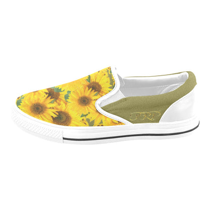 Medial profile view of TRP Sunflowers in Symmetry women's slip-on canvas shoe showcasing the old moss (olive-green-colored) panel and gold TRP print.