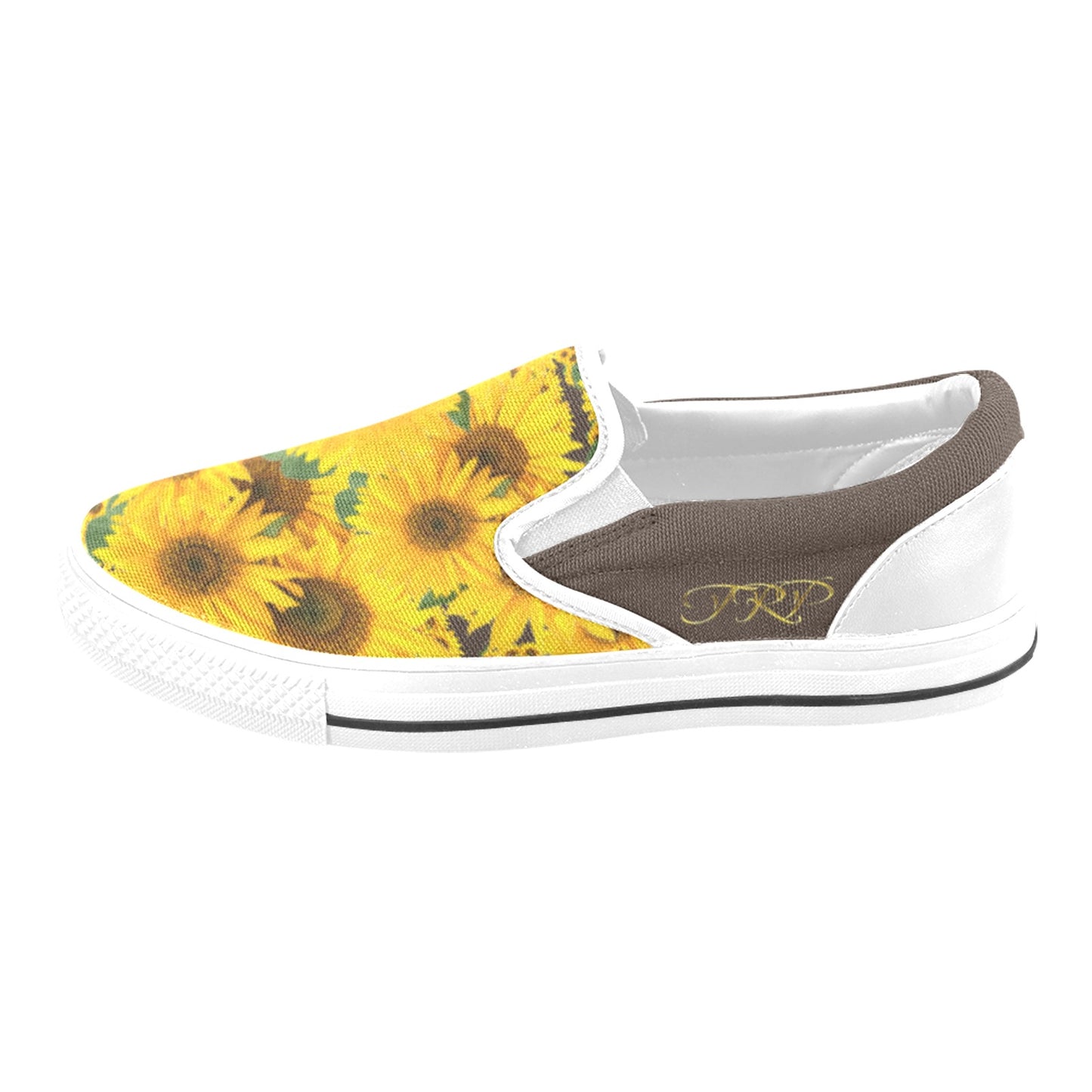 Profile view of TRP Sunflowers in Symmetry women's slip-on canvas shoe showing the bistre (brown) side panel with gold embroidered TRP initials.
