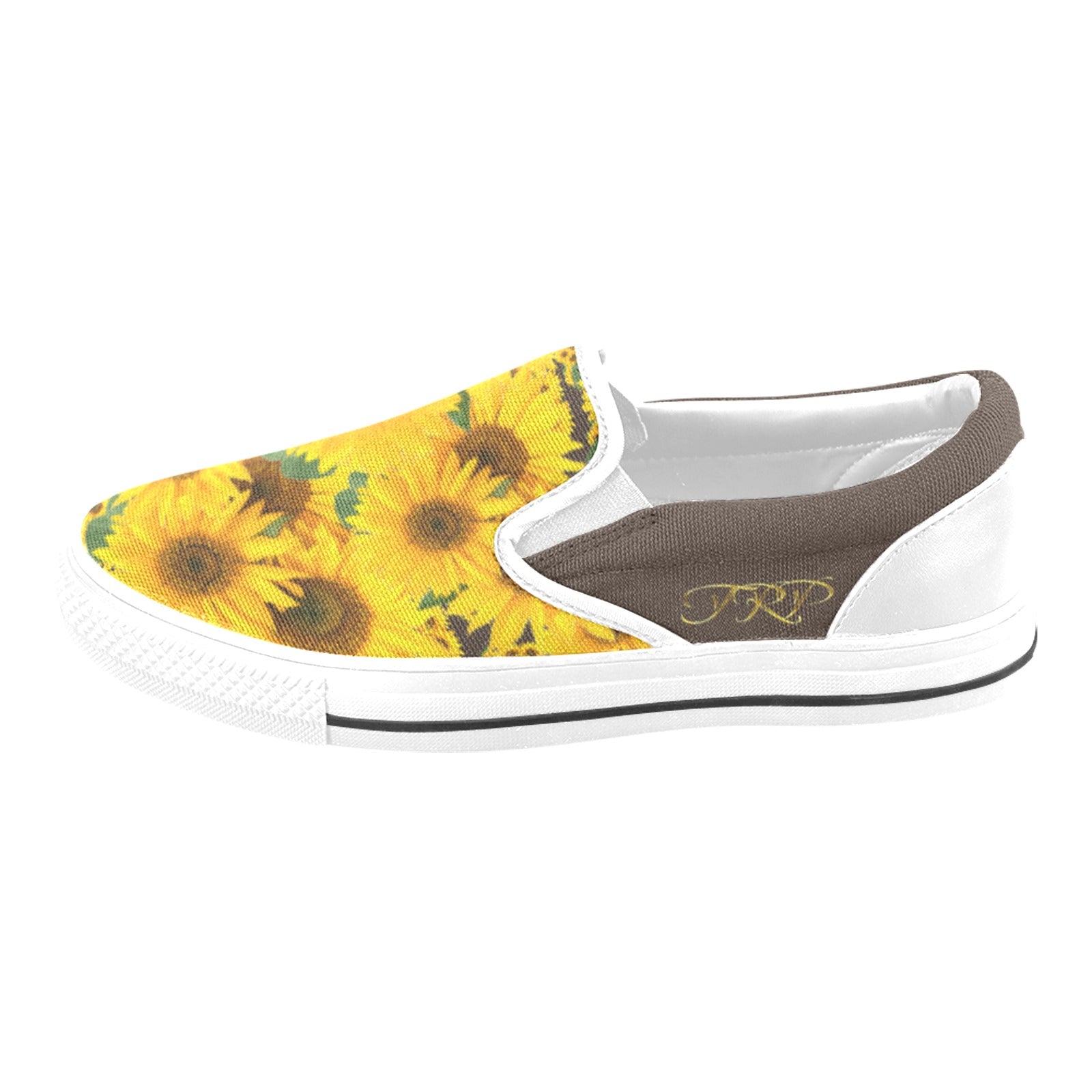 Profile view of TRP Sunflowers in Symmetry women's slip-on canvas shoe showing the bistre (brown) side panel with gold embroidered TRP initials.