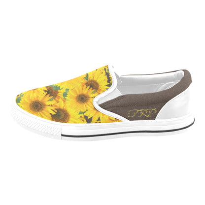 Profile view of TRP Sunflowers in Symmetry women's slip-on canvas shoe showing the bistre (brown) side panel with gold embroidered TRP initials.