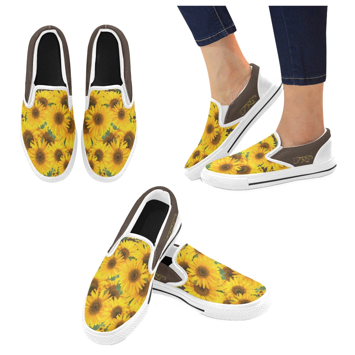Product collage showing TRP Sunflowers in Symmetry women's slip-on canvas shoes with bistre trim from top, side, and angled views on a white background.