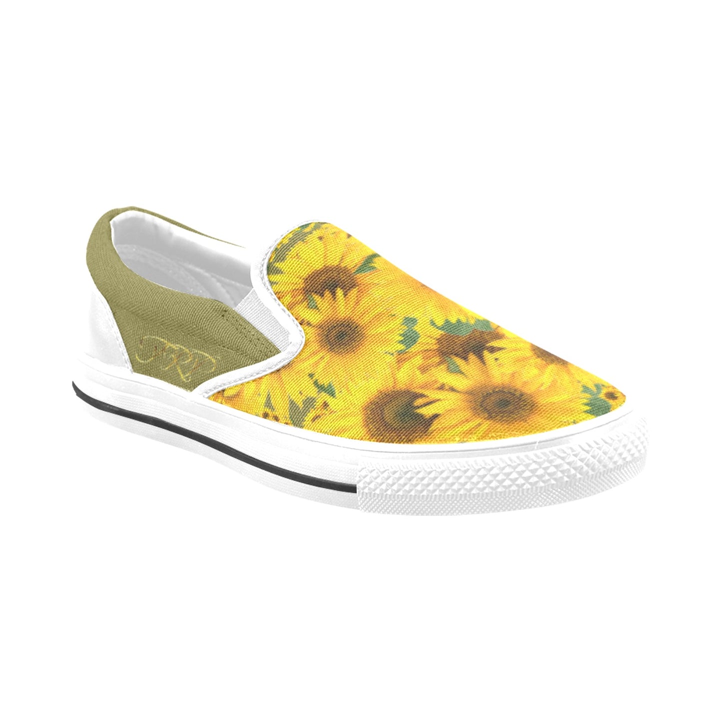 A three-quarter studio angle of TRP Sunflowers in Symmetry women's slip-on canvas shoe with a yellow sunflower print and old moss green (olive-green colored) trim.