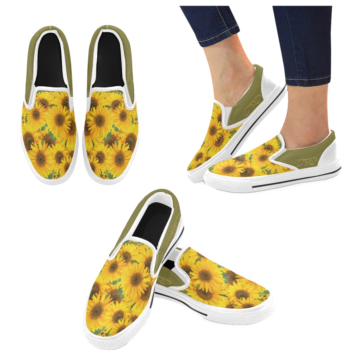 Product showcase collage of TRP Sunflowers in Symmetry women's slip-on canvas shoes featuring an old moss green (olive-colored) trim and heel accent.