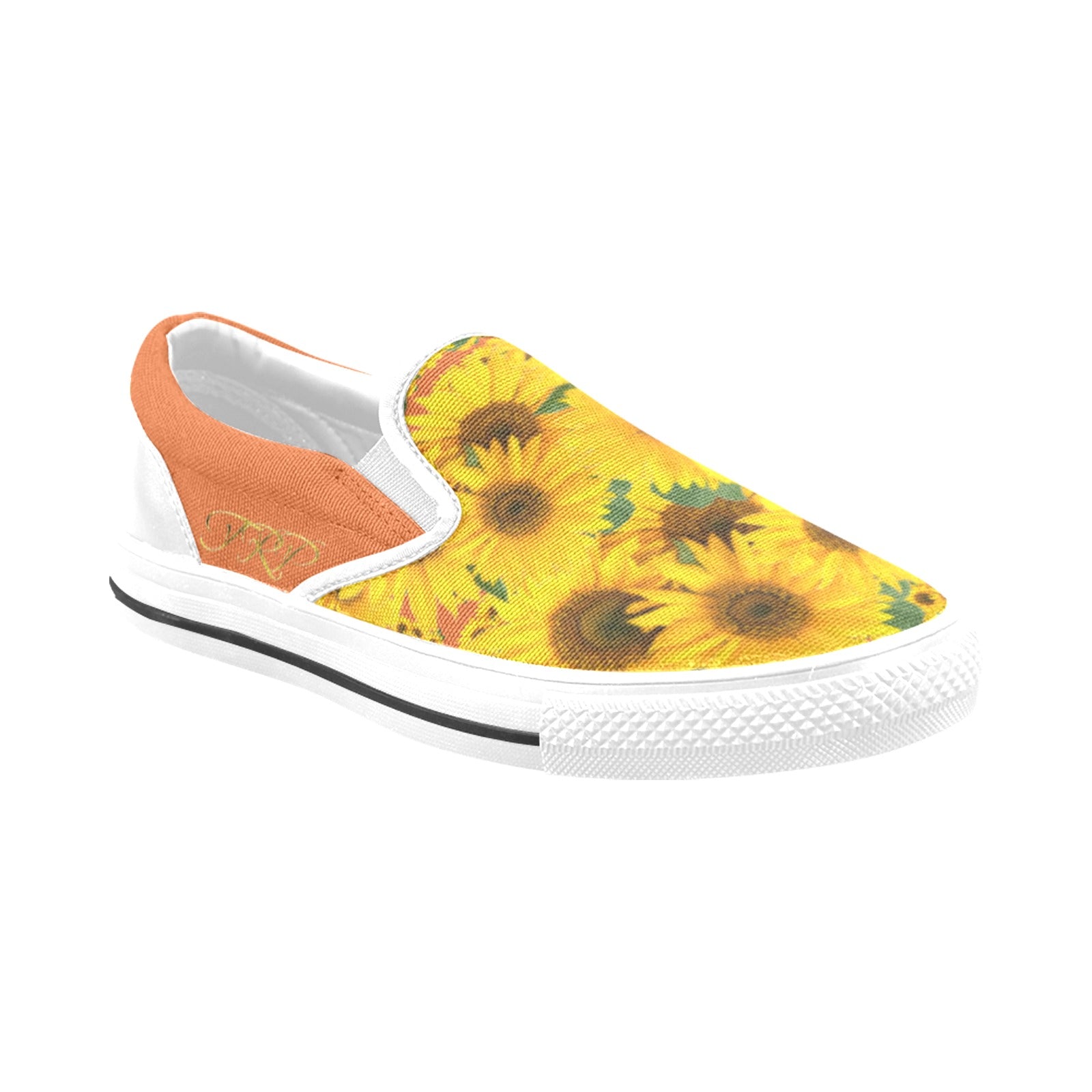 Angled view of TRP Sunflowers in Symmetry women's slip-on canvas shoe with a vibrant yellow sunflower upper and vivid red tangelo (orange-colored) trim.