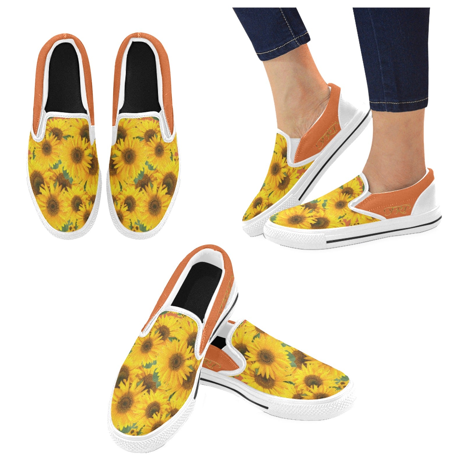 Product collage of TRP Sunflowers in Symmetry women's slip-on canvas shoes featuring a vivid red tangelo (orange-colored) trim and heel panel.