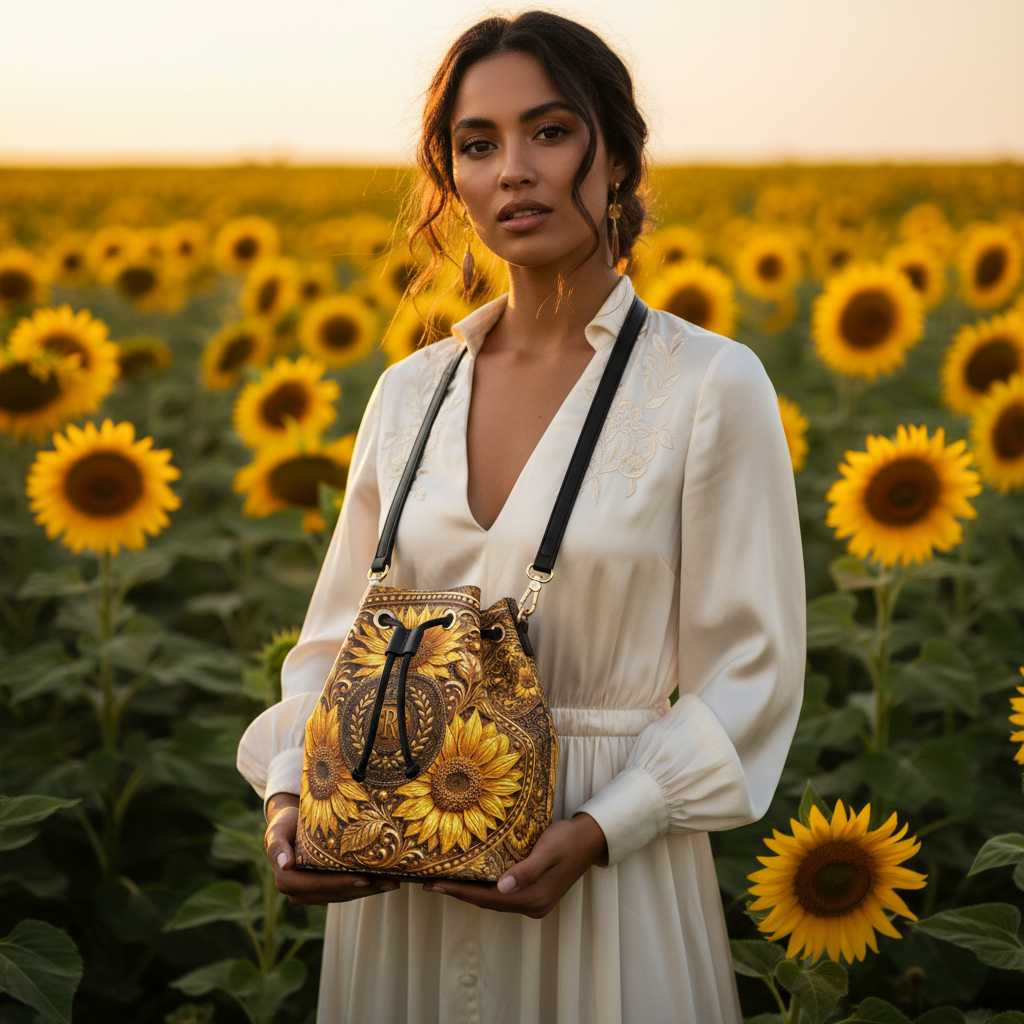 A woman in a white dress is holding the TRP sunflower print bubble nappa leather bucket bag in a blooming sunflower field at sunset.