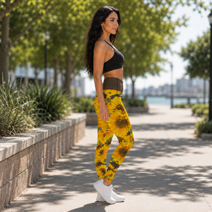 Right side view of a woman standing on a park pathway wearing symmetrical sunflower print high-rise pocket leggings with a bistre/brown waistband and black sports bra.