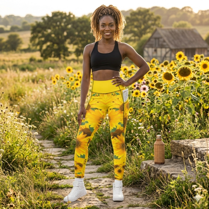 A smiling woman stands in a sunflower field wearing high-rise pocket leggings with a symmetrical sunflower print, bright cyber yellow waistband, and sneakers.