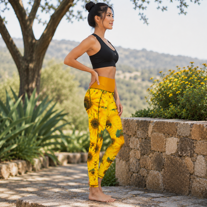 Right-side view of a woman standing barefoot near a stone wall, wearing sunflower-print pocket leggings with a dark tangerine/mustard yellow waistband and a black sports bra.
