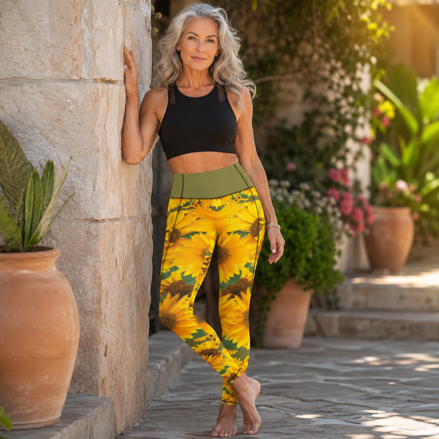 Front view of a silver-haired woman leaning against a stone wall in sunflower-print pocket leggings with an old moss green/olive green colored waistband