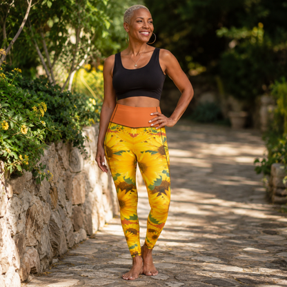 Front view of a Black woman with short blonde hair posing barefoot in sunflower print pocket leggings featuring a bright vivid red tangelo/orange waistband.