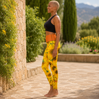 Left-side view of a barefoot woman standing by a stone wall in high-rise sunflower pocket leggings with a vivid red tangelo orange-colored waistband.