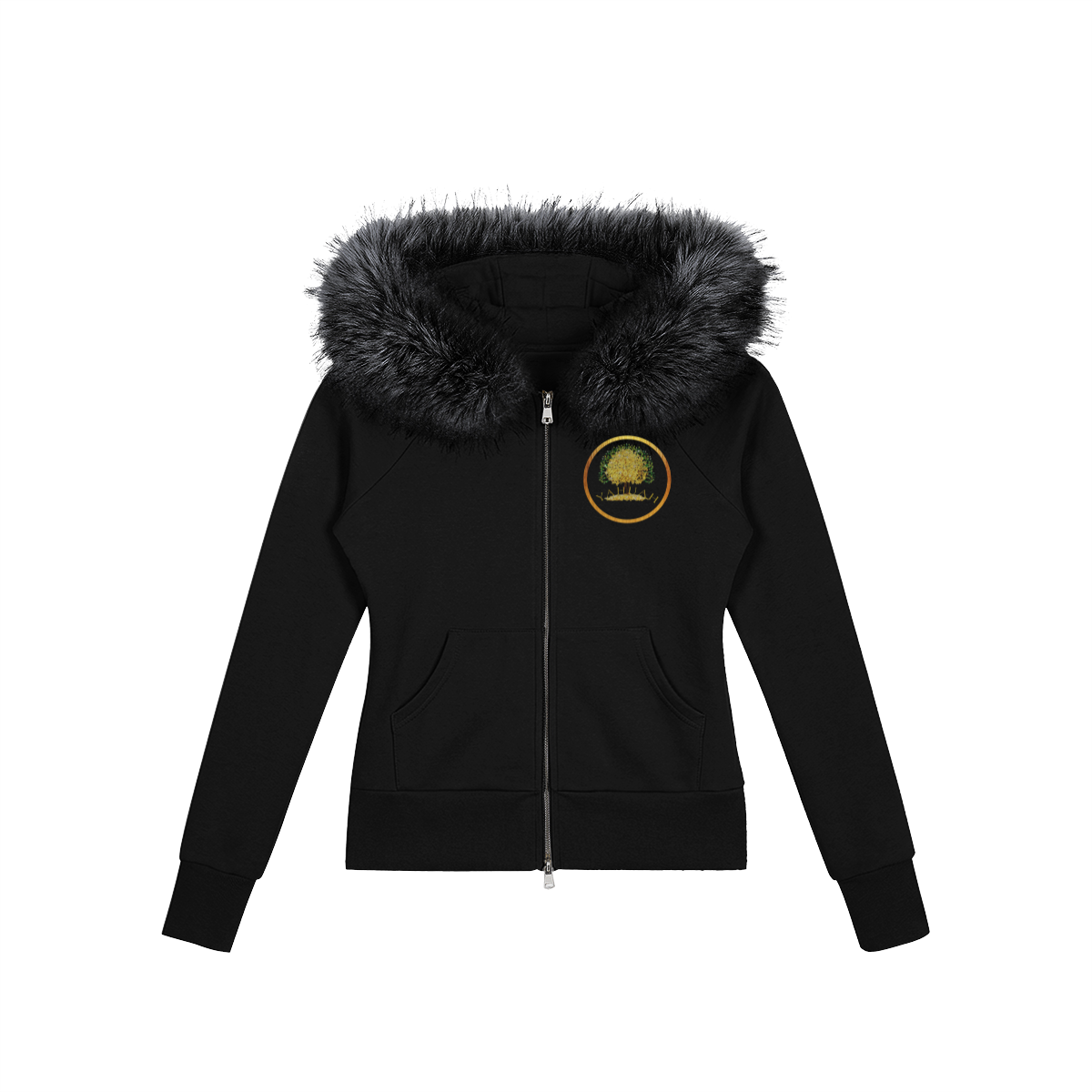 Product view showing the front of a black full-zip hoodie with faux fur trim and gold Yahuah Tree of Life graphics.