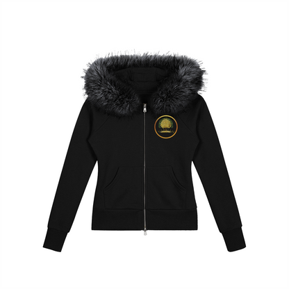Product view showing the front of a black full-zip hoodie with faux fur trim and gold Yahuah Tree of Life graphics.