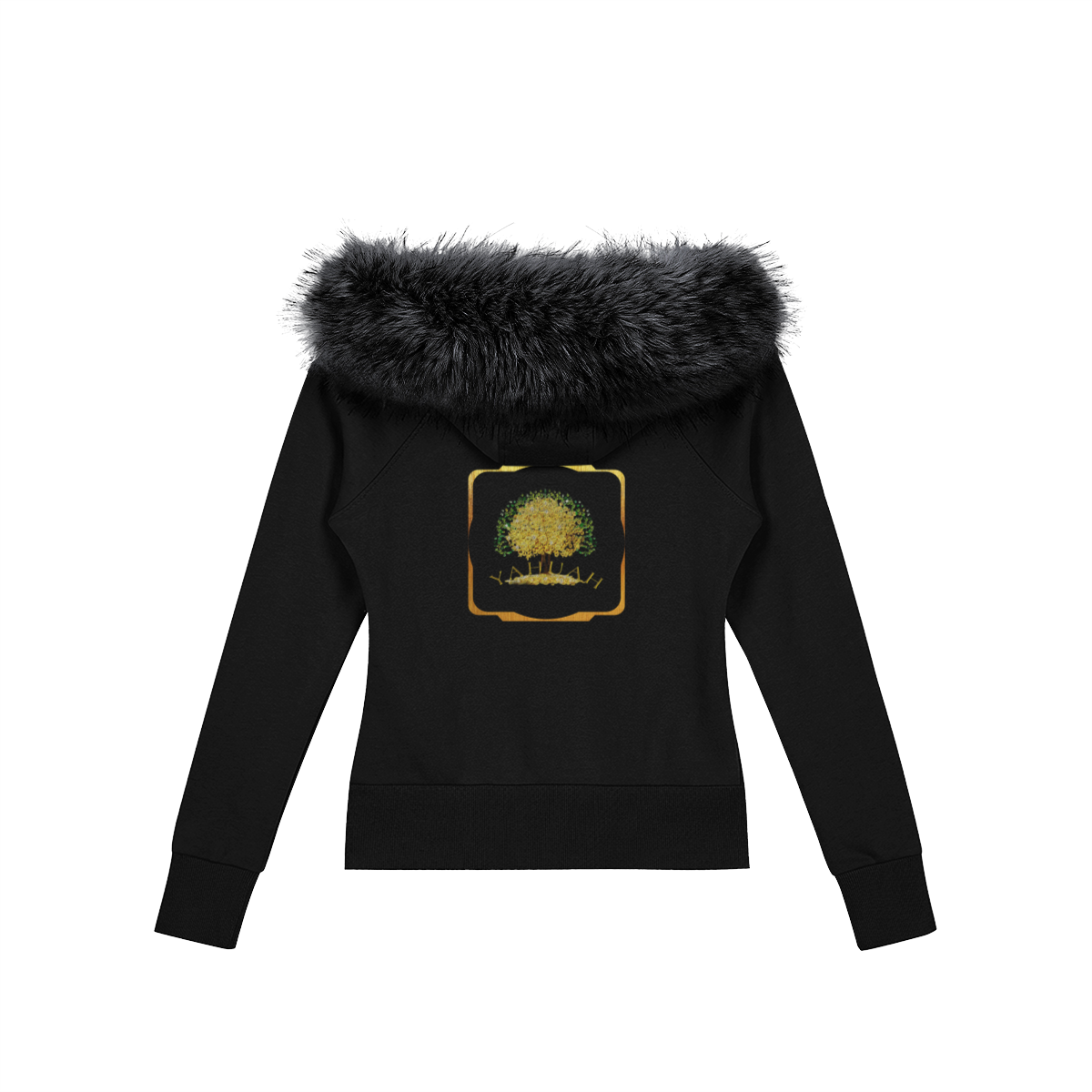 Product view showing the front and back of a black full-zip hoodie with faux fur trim and gold Yahuah Tree of Life graphics.