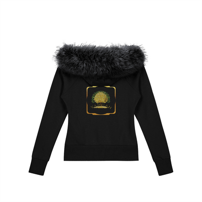 Product view showing the front and back of a black full-zip hoodie with faux fur trim and gold Yahuah Tree of Life graphics.