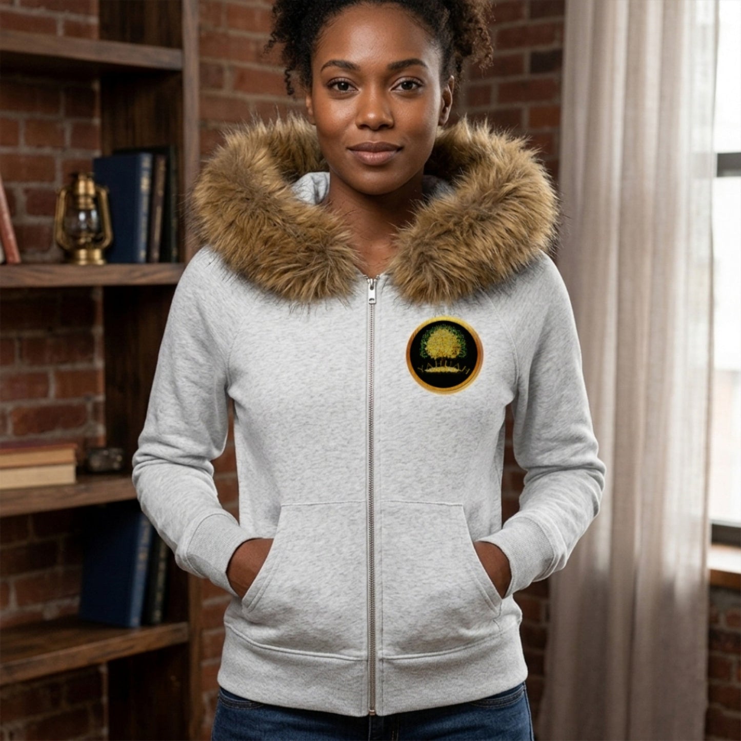 Front view of a woman in a grey faux fur trim hoodie, featuring the gold Yahuah Tree of Life emblem on the chest and a large graphic on the back.
