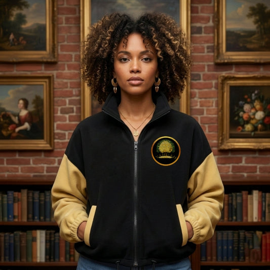 Front view of a woman in a library wearing a black and gold Yahuah: Tree of Life cropped fleece bomber with a golden tree emblem.