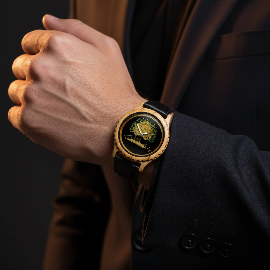 Close-up view of the Yahuah: Tree of Life 03 olive-lumber wooden watch with a black leather strap and gold-tone accents.