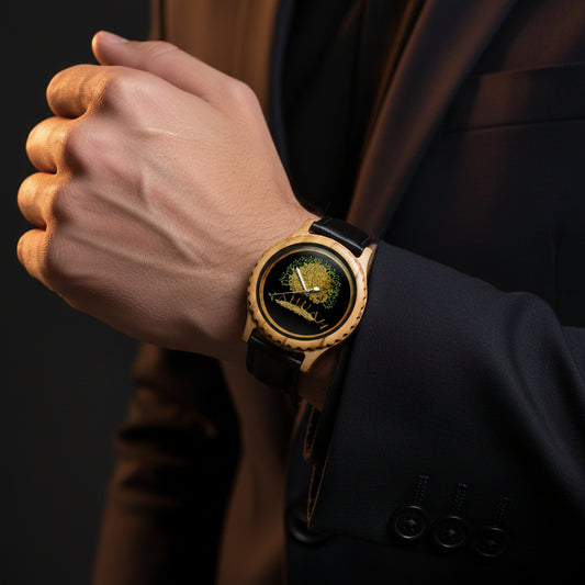 Close-up view of the Yahuah: Tree of Life 03 olive-lumber wooden watch with a black leather strap and gold-tone accents.