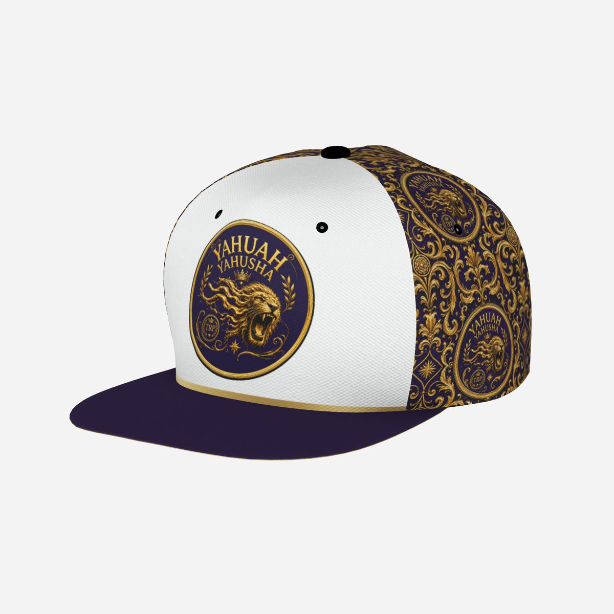 Three-quarter angle product view of the Yahuah Yahusha (01) Snapback Cap highlighting the flat dark purple brim, front lion crest, and gold filigree side panel.

Image 05
