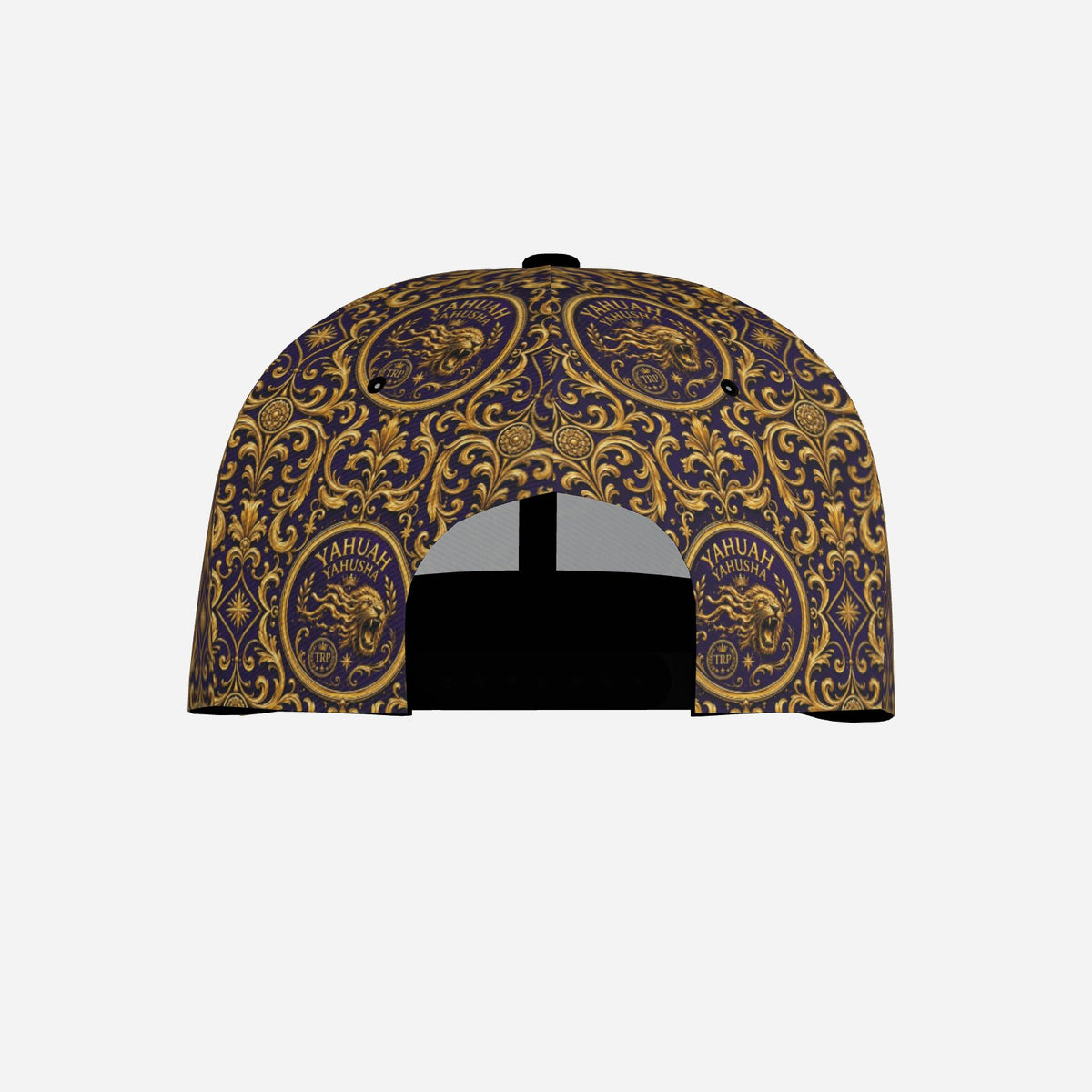 Back view of the Yahuah Yahusha (01) Snapback Cap revealing the adjustable snap closure surrounded by full-coverage gold damask pattern on dark purple canvas.