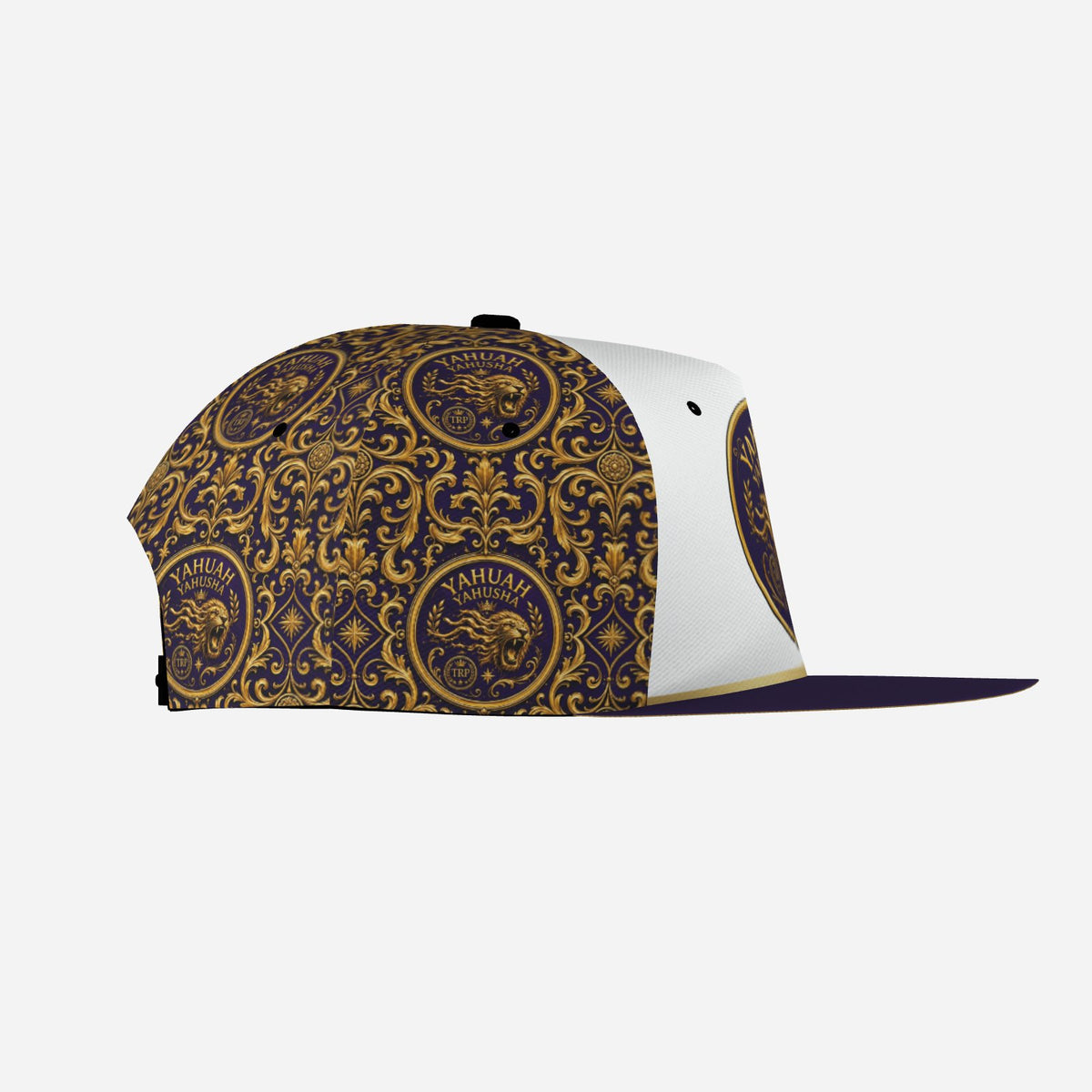 Right side profile of the Yahuah Yahusha (01) Snapback Cap displaying the detailed gold lion emblems set within ornate baroque scrollwork on dark purple panels.