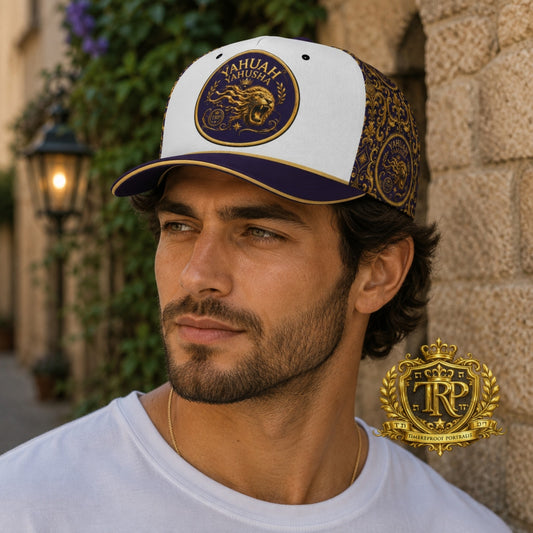 Man wearing the Yahuah Yahusha (01): Sovereign Names, Eternal Roar Snapback Cap featuring a gold roaring lion crest on a white front panel and gold baroque trim.