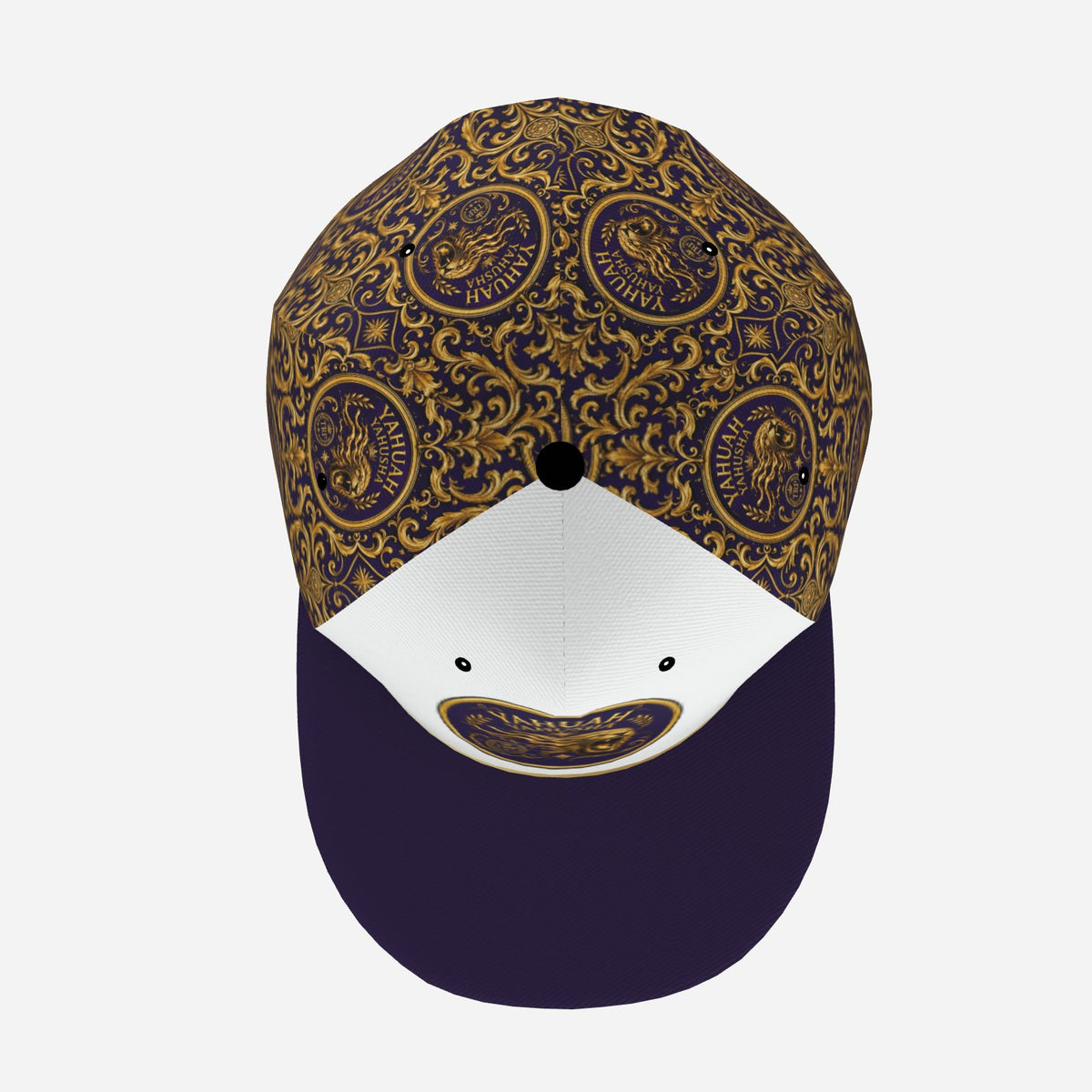 Top-down angle of the Yahuah Yahusha (01) Snapback Cap featuring intricate gold baroque patterns on dark purple side/back panels and a solid purple brim.