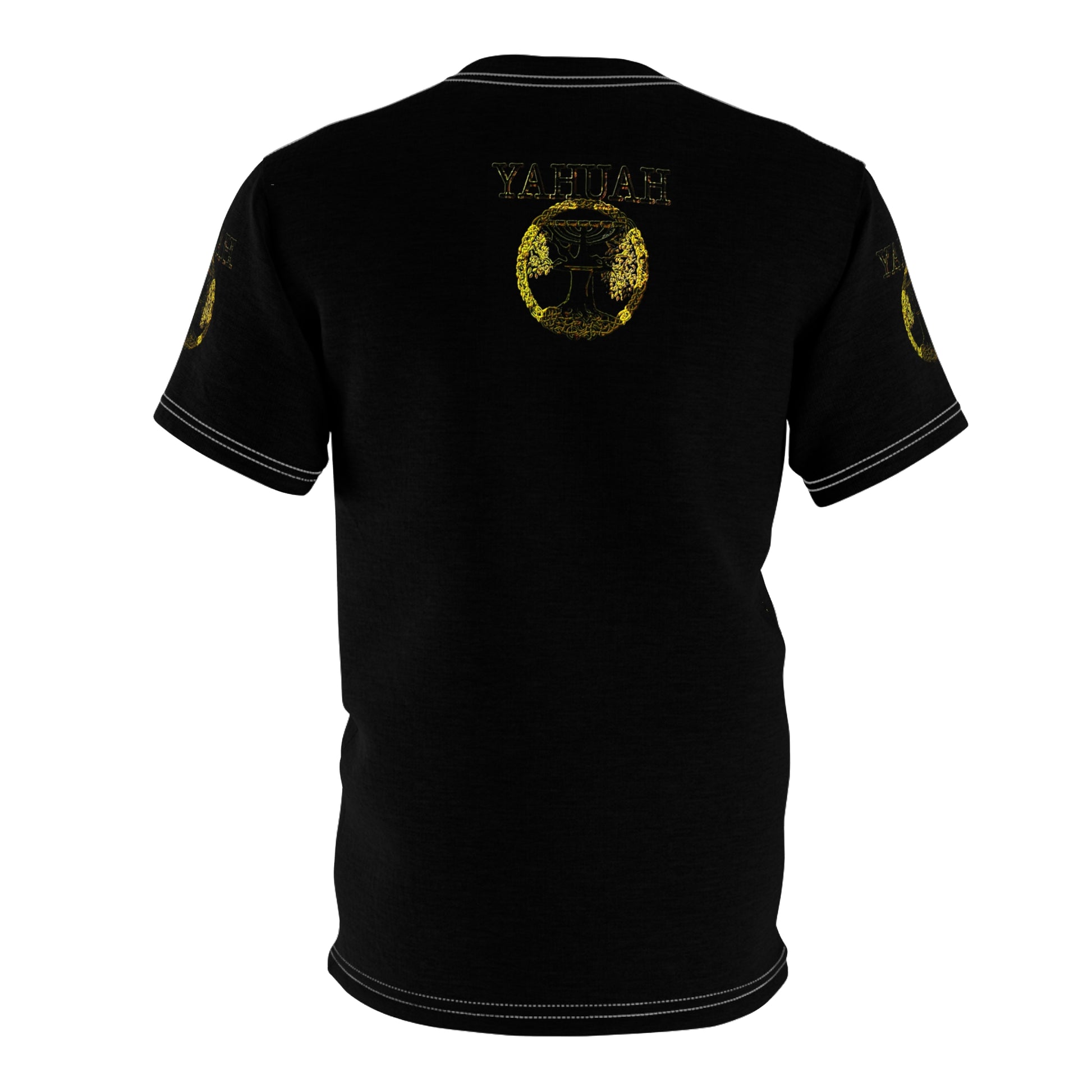 Back view mockup of the Yahuah Yahusha Covenant & Prophecy black t-shirt with a centered golden circular emblem.