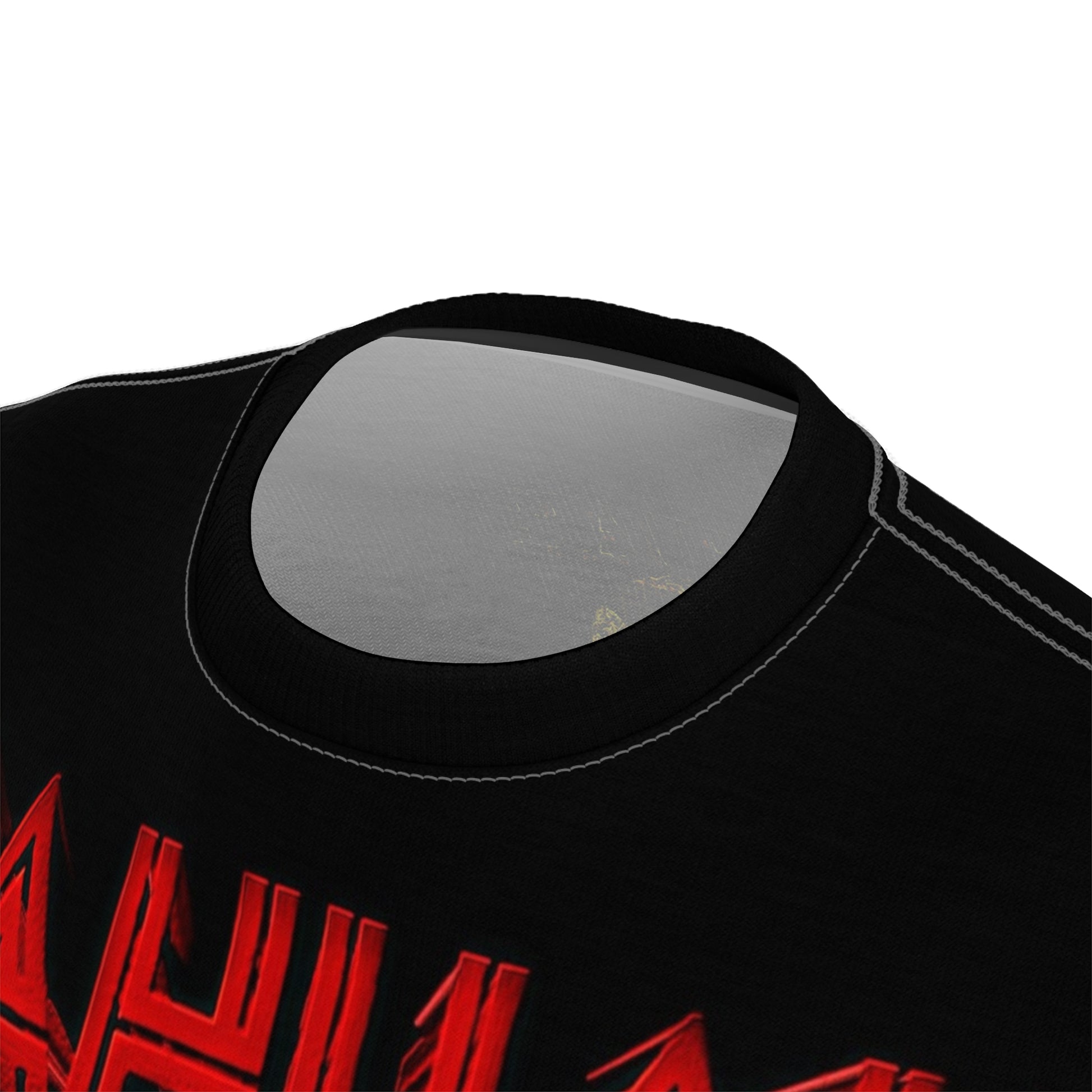Close-up detailed view of the crew neck collar and stitching on the black unisex t-shirt.