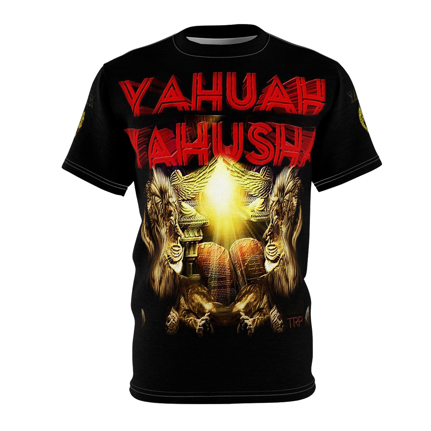 Front flat mockup of the Yahuah Yahusha Covenant & Prophecy black unisex t-shirt with red text and graphic.