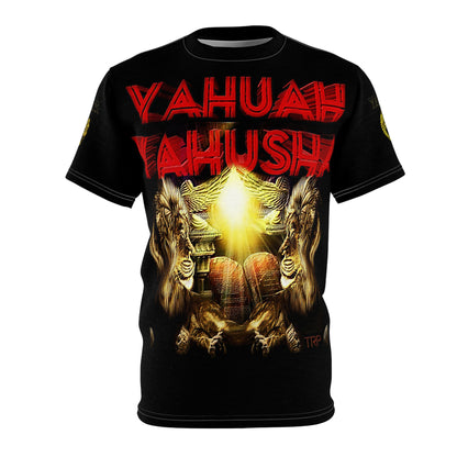 Front flat mockup of the Yahuah Yahusha Covenant & Prophecy black unisex t-shirt with red text and graphic.