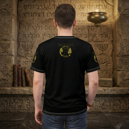 Back view of male model in Yahuah Yahusha Covenant & Prophecy t-shirt featuring a gold emblem on the upper back.