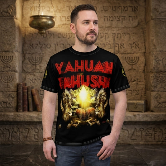 Male model wearing Yahuah Yahusha Covenant & Prophecy black unisex t-shirt with red text and lion graphic front design.
