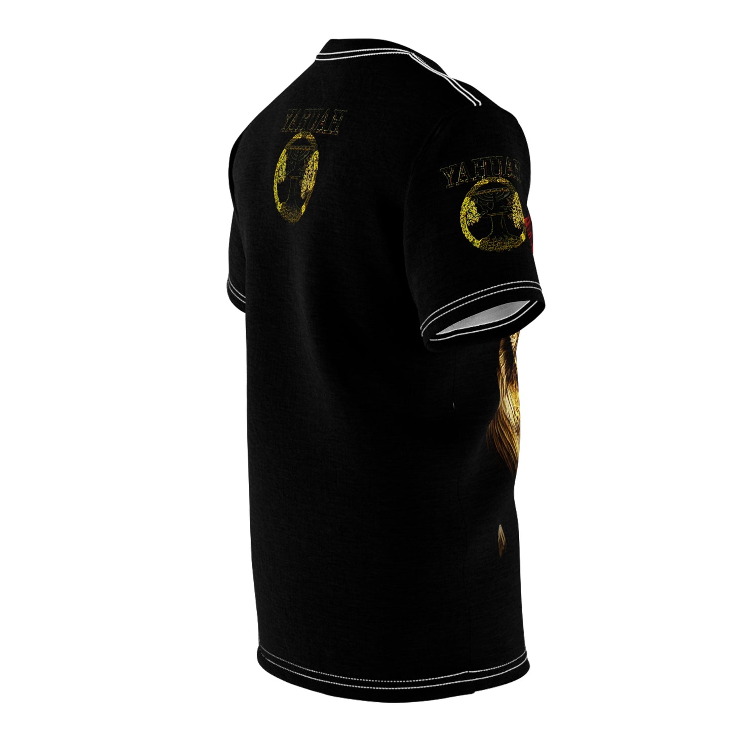 Side and back view mockup of the black unisex t-shirt showing the golden sleeve print and back graphic details.